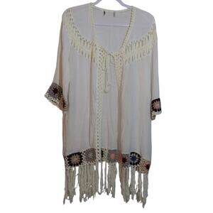 Oliver by Escio Boho Gauzy Cardigan Crochet Granny Square Trim Tie Front Size L